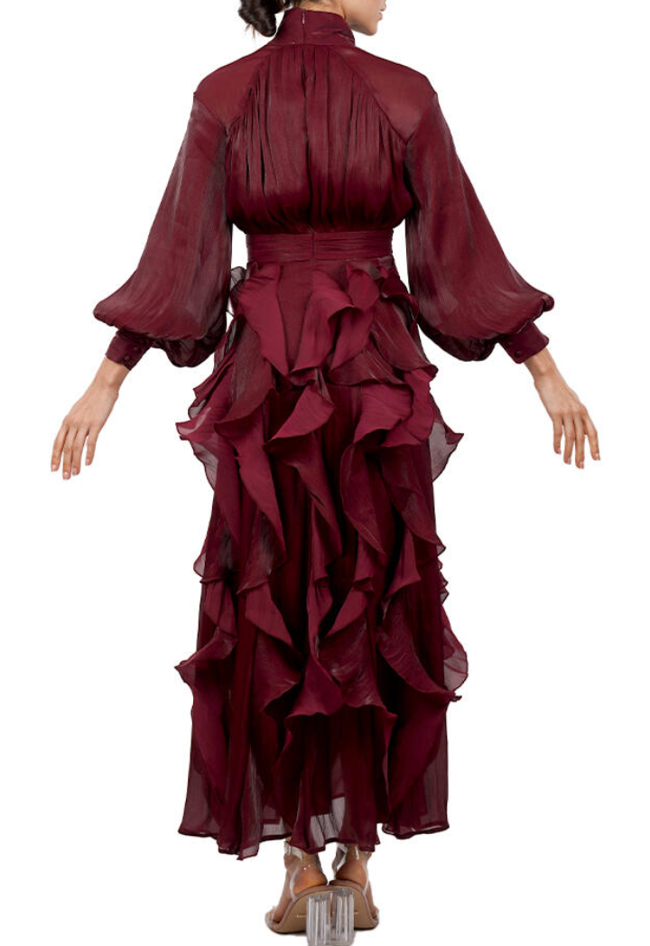 Burgundy Ruffled High-Neck Maxi Dress
