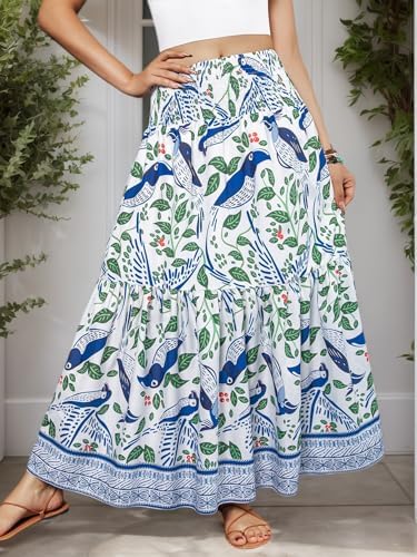 Boho Bird Print Tiered Maxi Skirt