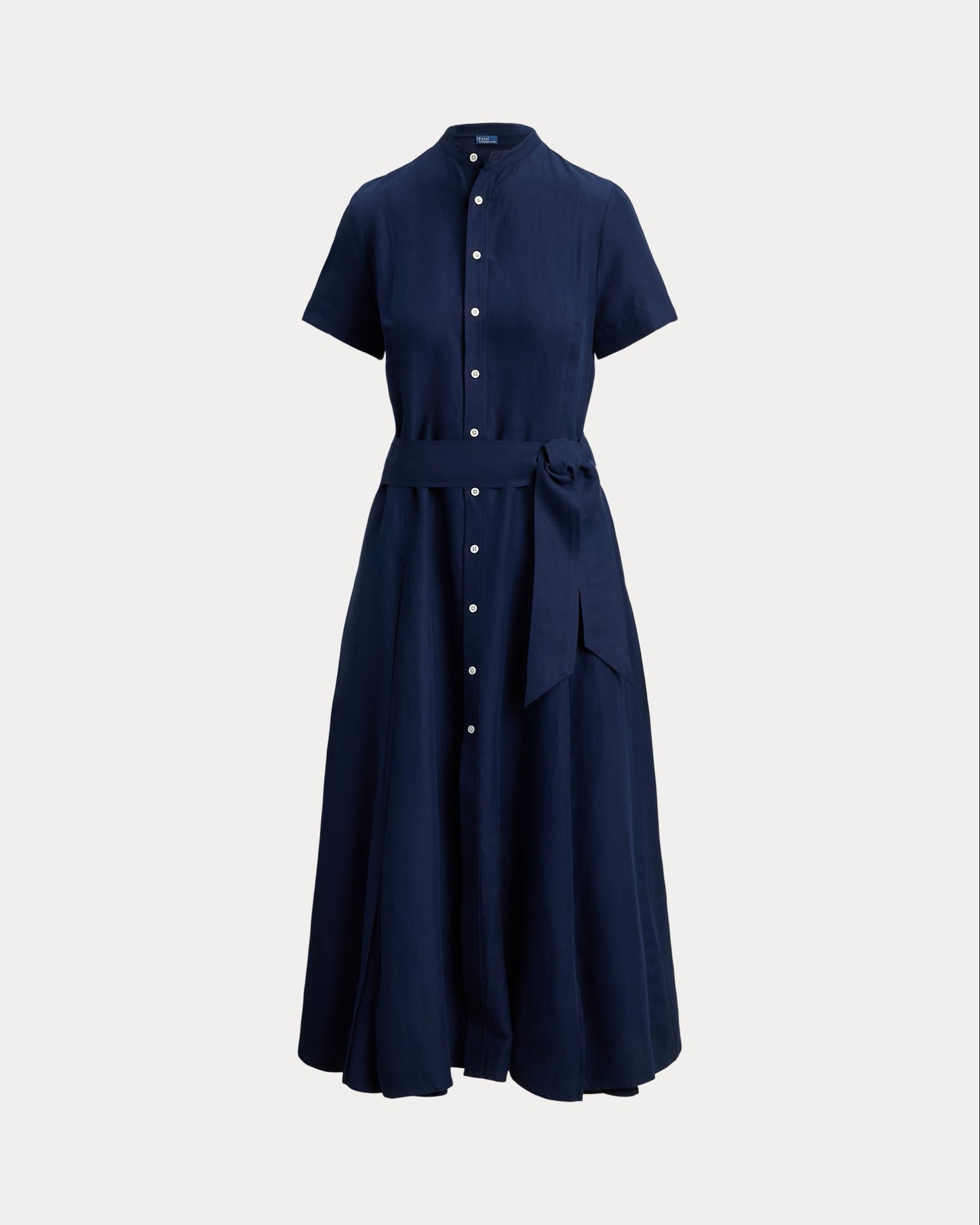 Navy Blue Linen Belted Midi Shirt Dress