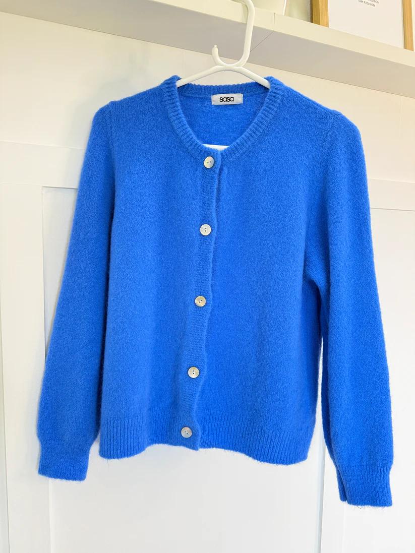 Vibrant Blue Fuzzy Knit Button-Down Cardigan