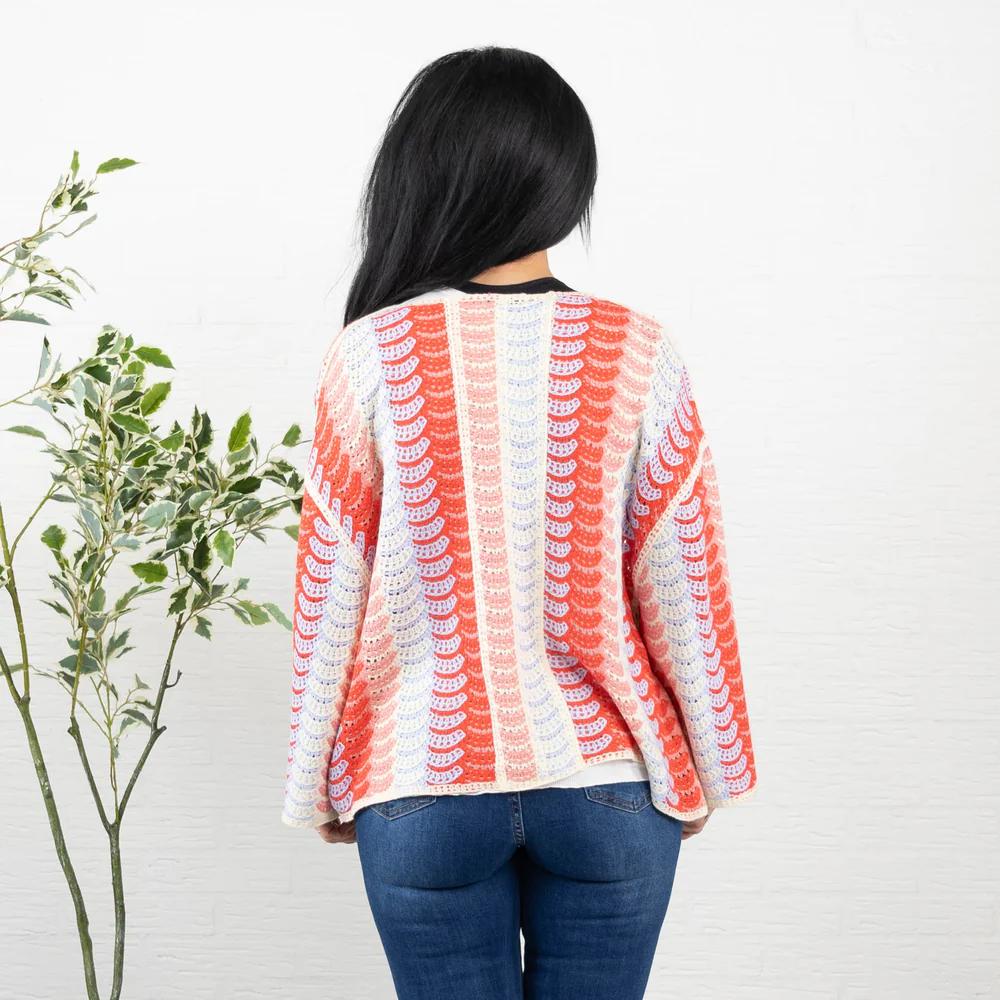 Retro Wave Pattern Open-Front Knit Cardigan
