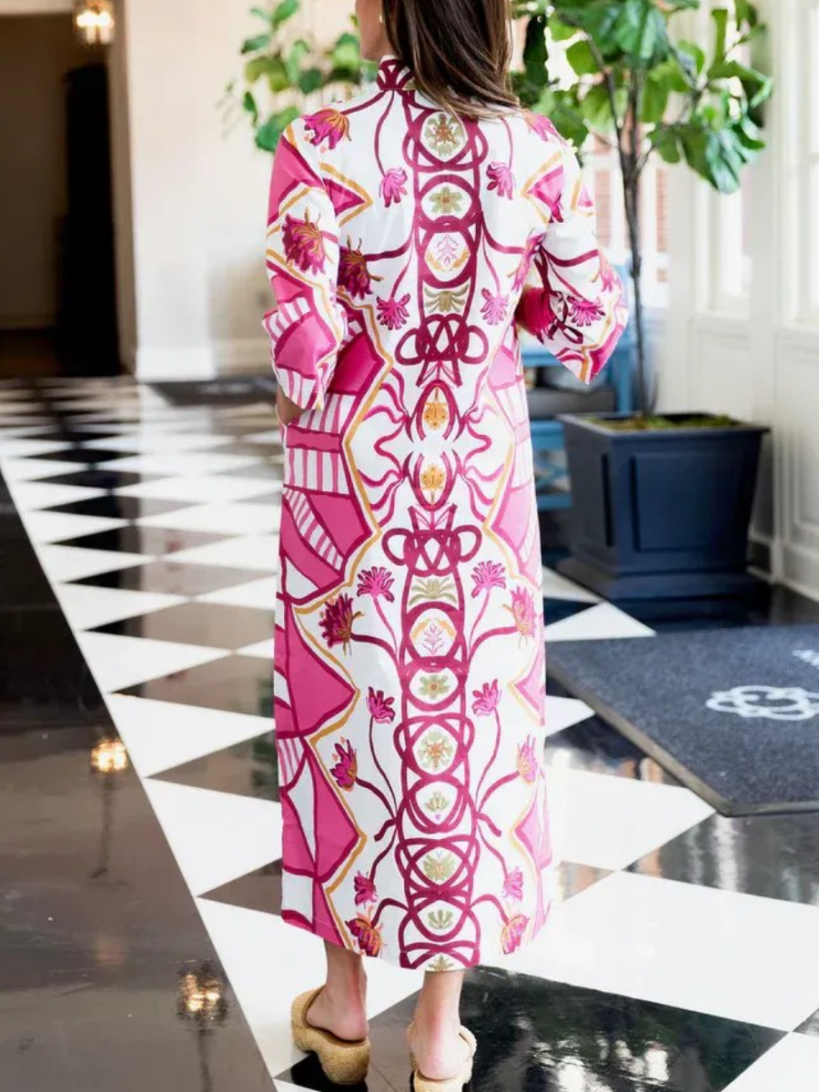 Boho Pink Print 3/4 Sleeve Maxi Caftan