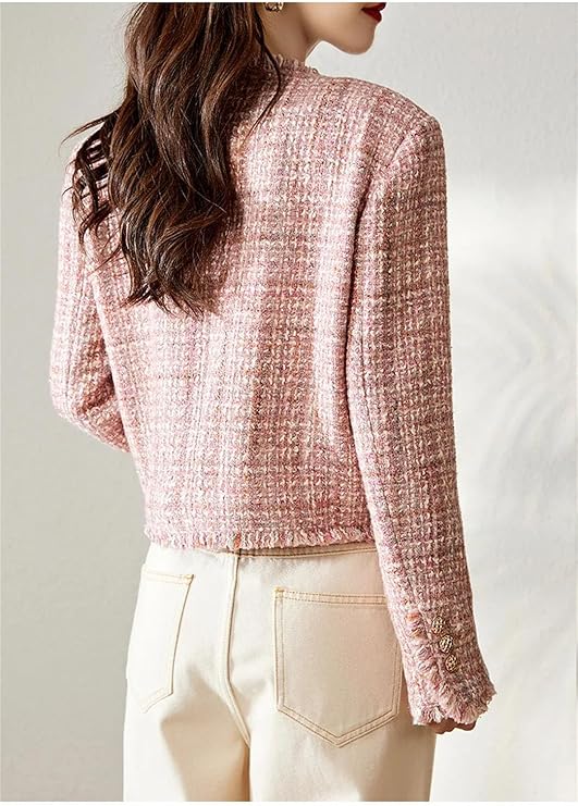 Pink Tweed Fringe-Trim Cropped Jacket