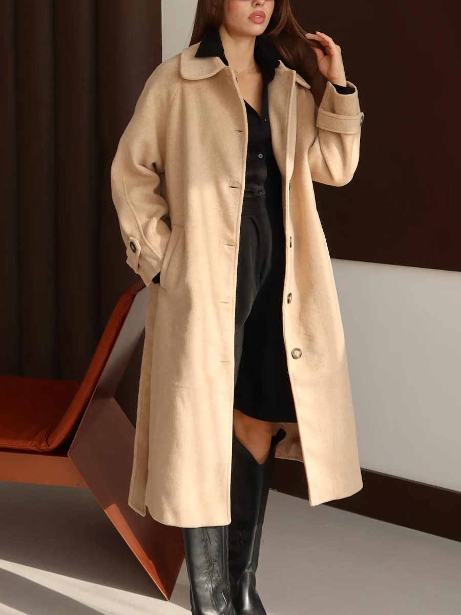Beige Oversized Belted Wool-Blend Coat