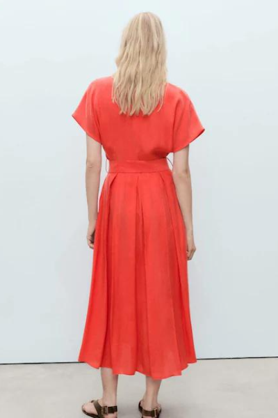 Vibrant Orange Belted Linen-Blend Midi Shirt Dress