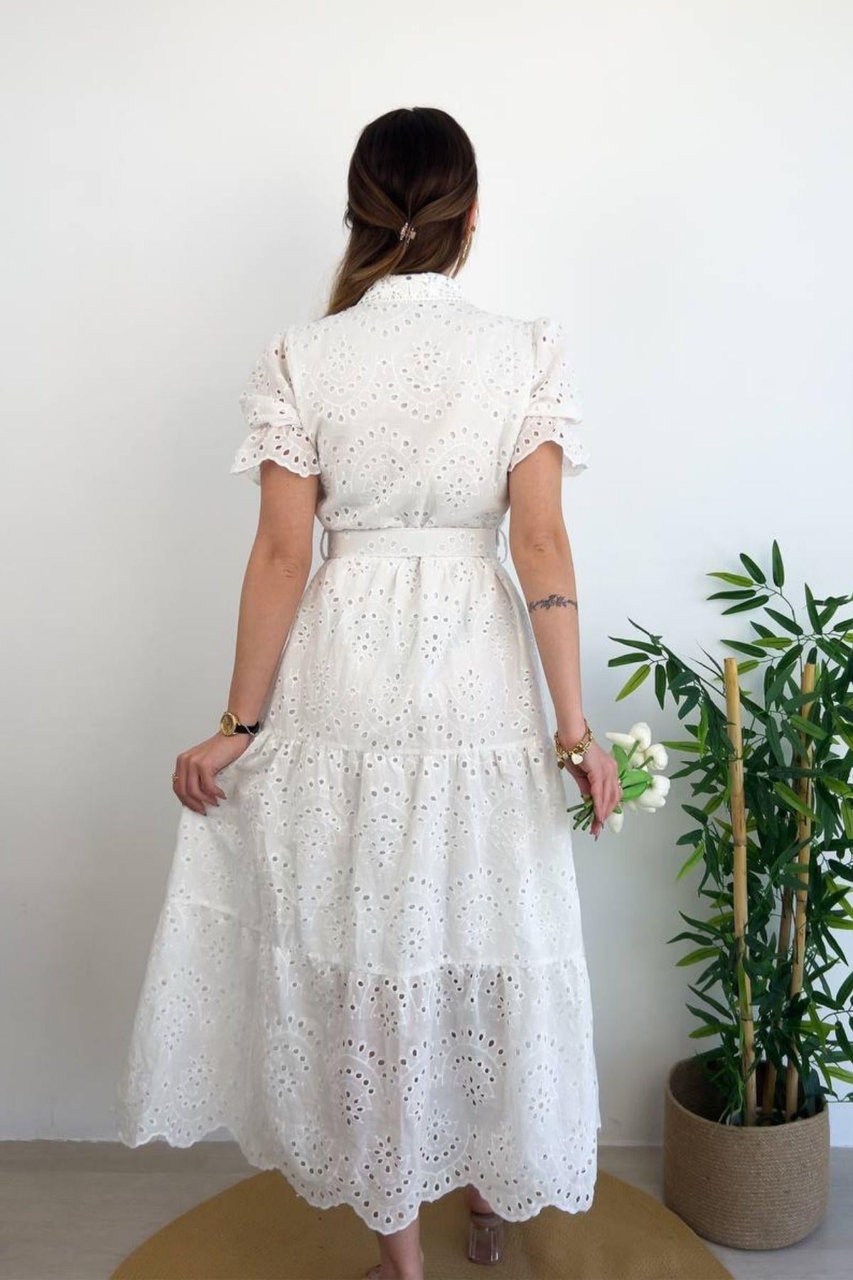 White Eyelet Short Sleeve Midi Shirt Dress
