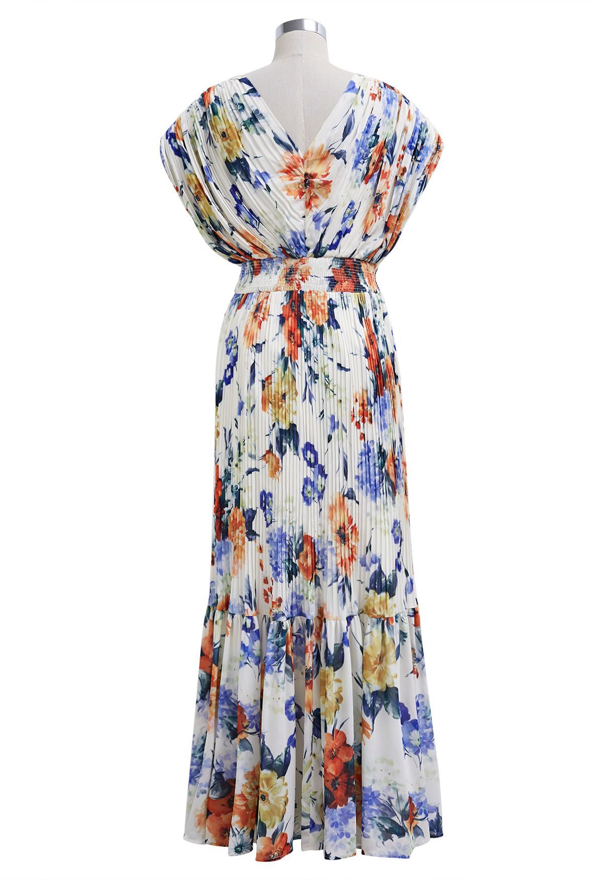 Vibrant Floral Print Pleated Tiered Maxi Dress