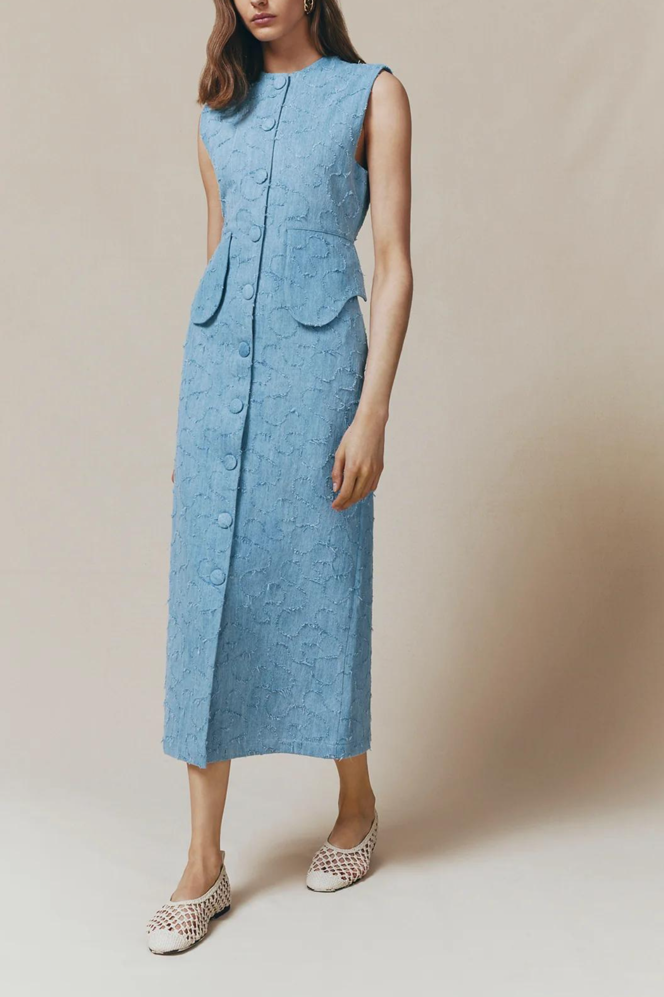 Light Blue Textured Fringed Sleeveless Midi Dress