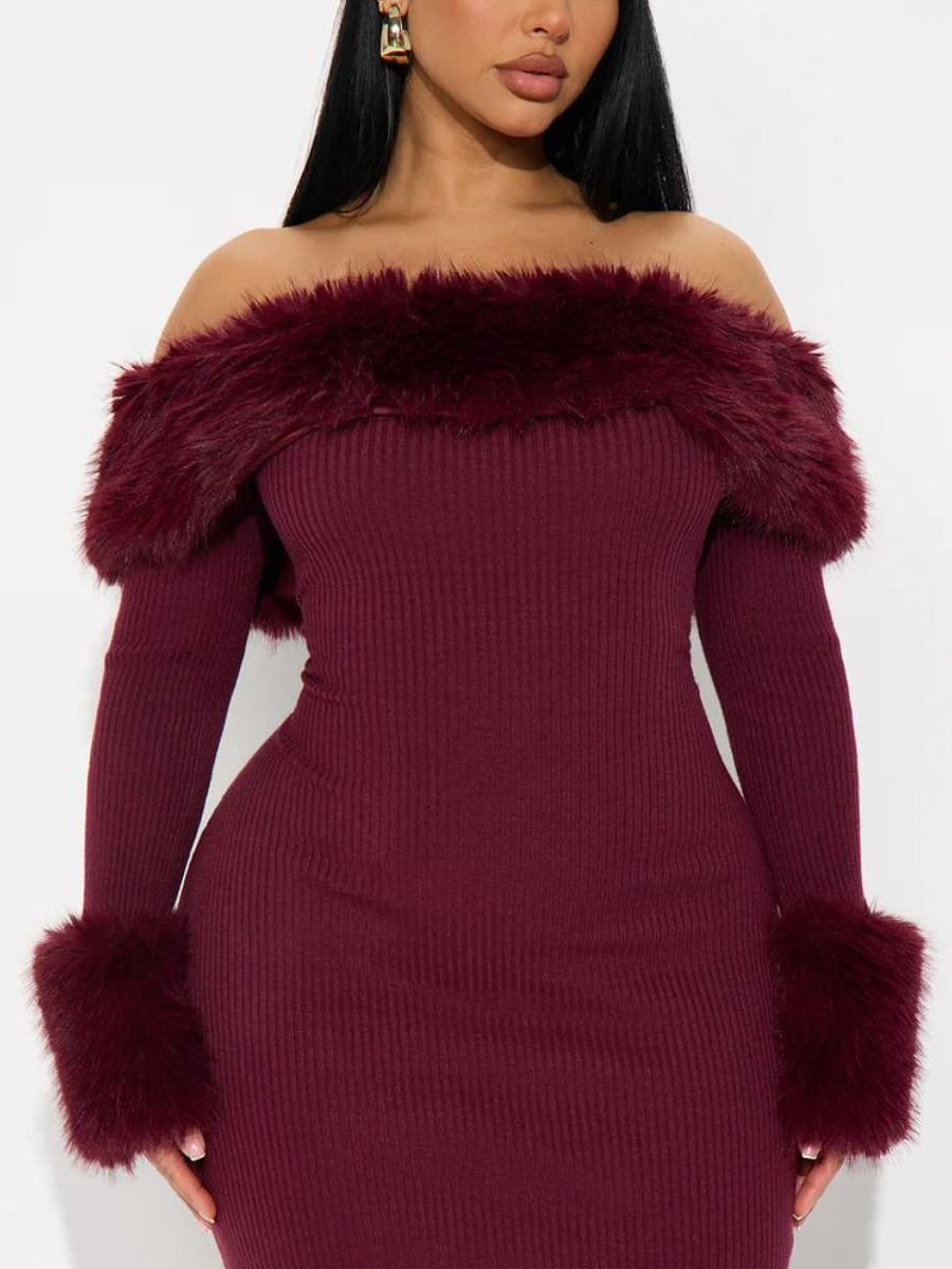 Burgundy Off-the-Shoulder Fur-Trim Dress