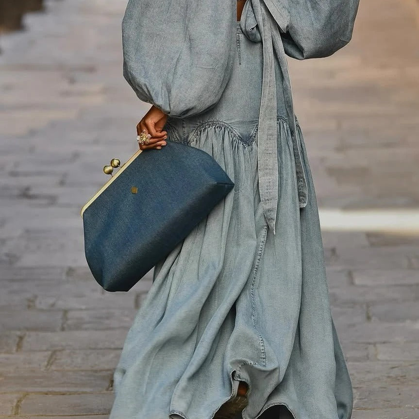 Vintage Gold-Frame Denim Evening Clutch