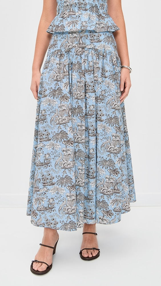 Light Blue Toile de Jouy High-Waisted Pleated Midi Skirt