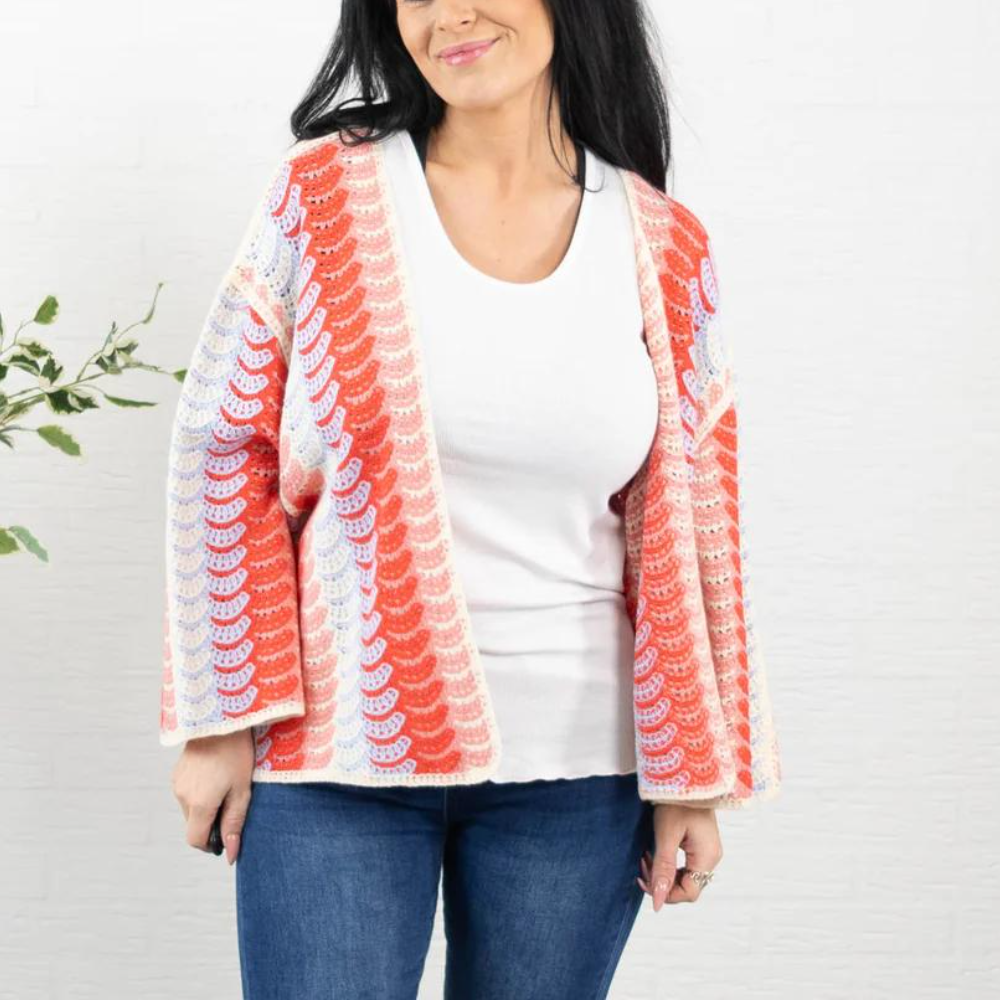 Retro Wave Pattern Open-Front Knit Cardigan