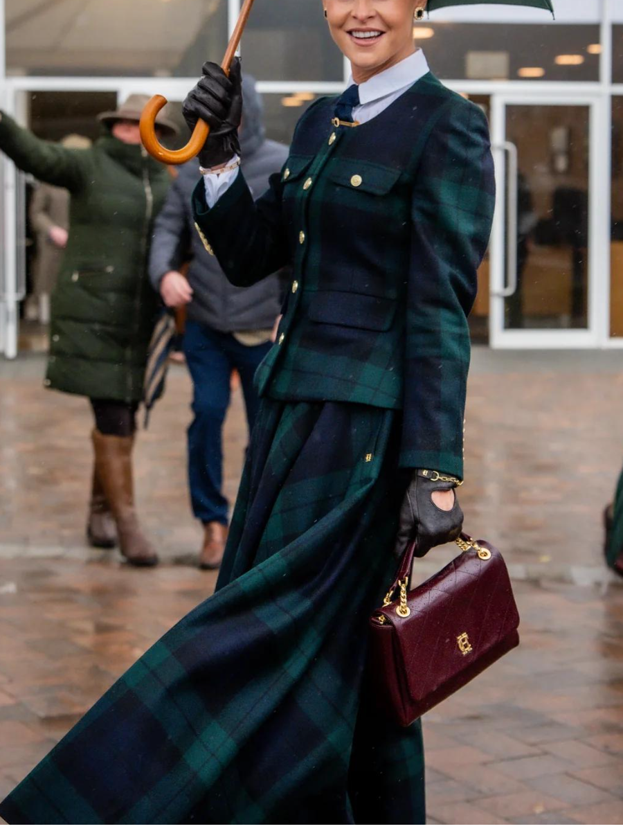 Dark Green Tartan Riding Blazer + Maxi Skirt Set