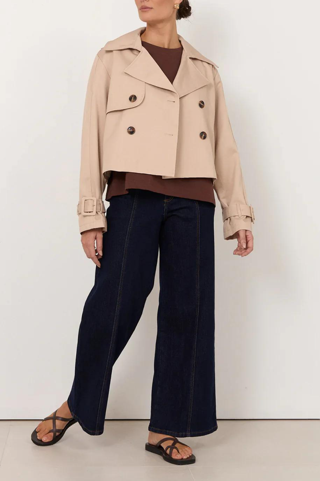 Beige Cropped Double-Breasted Trench Coat
