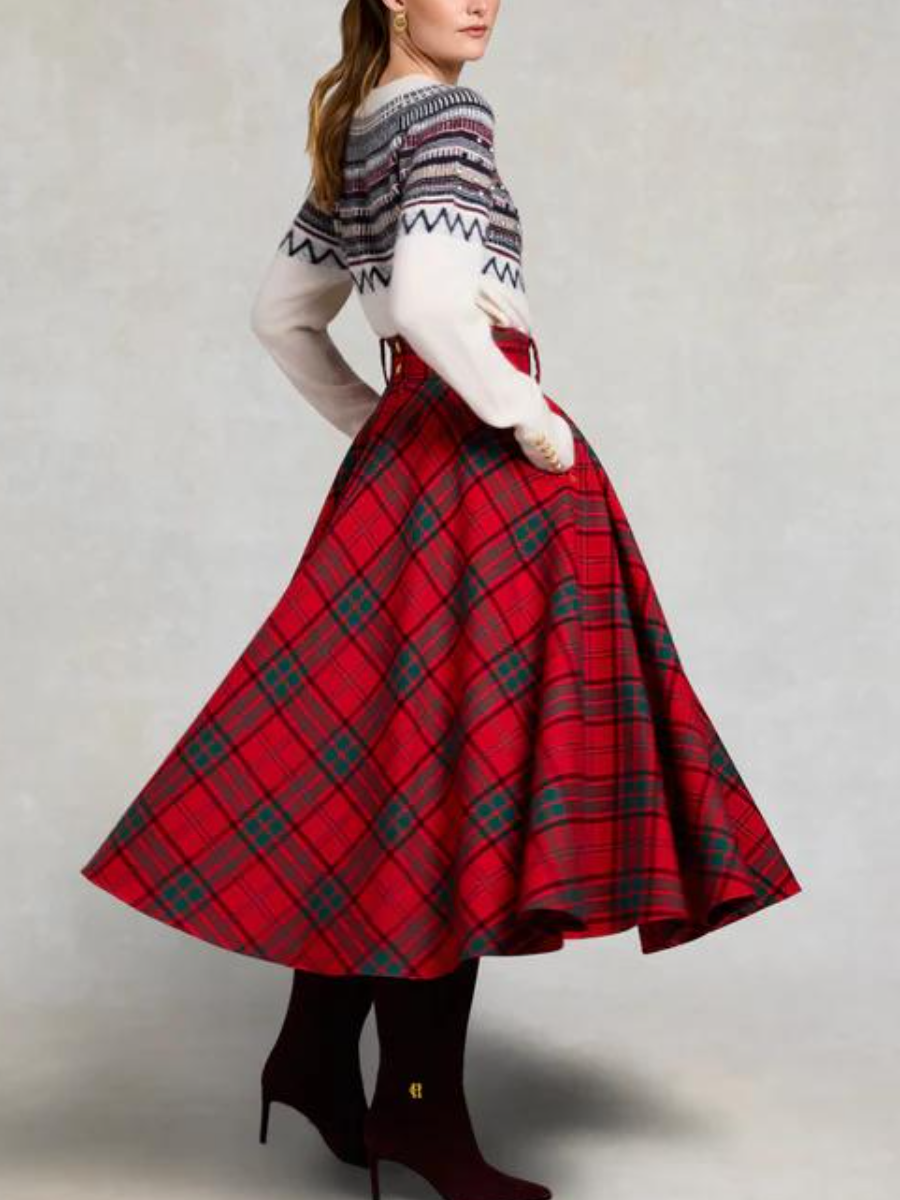 Red Tartan Full A-Line Midi Skirt