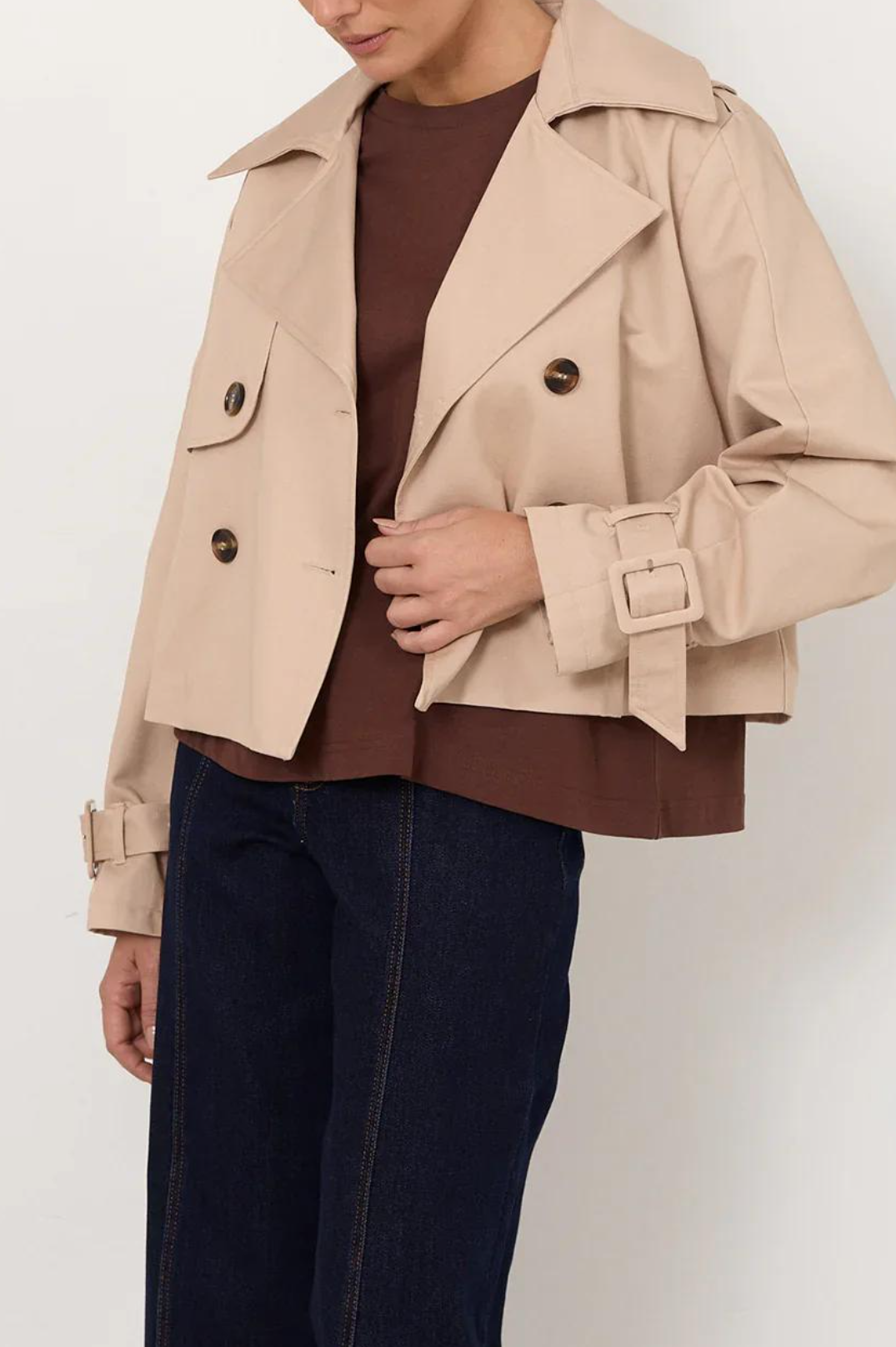 Beige Cropped Double-Breasted Trench Coat