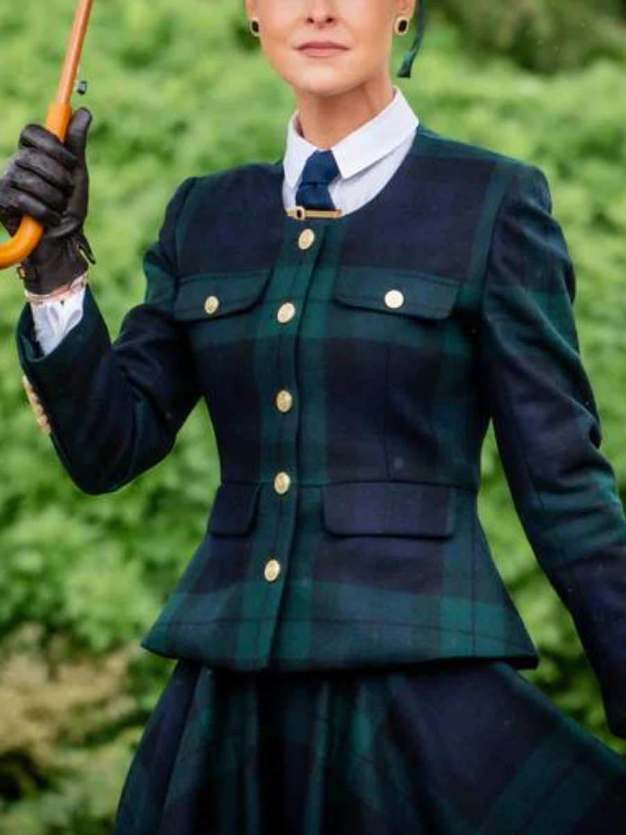 Dark Green Tartan Riding Blazer + Maxi Skirt Set