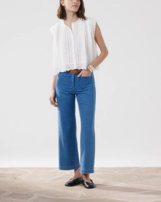 White Broderie Anglaise Sleeveless Cropped Blouse