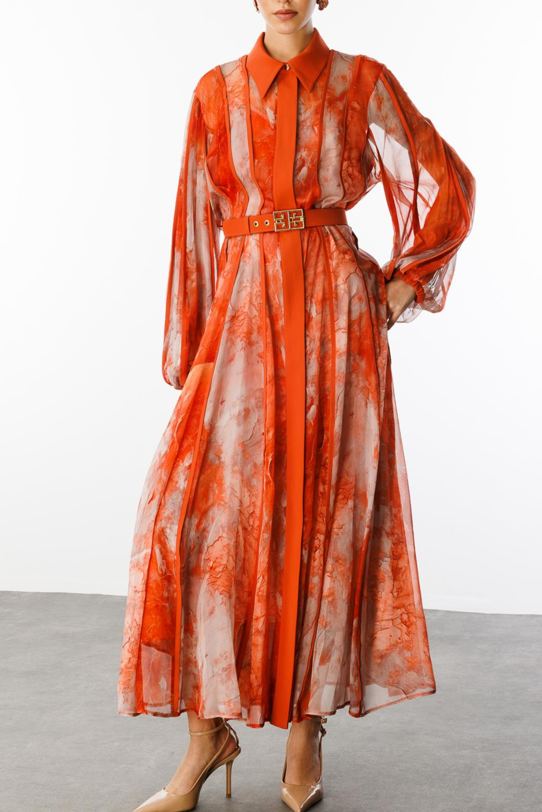 Orange Watercolor Print Organza Maxi Dress