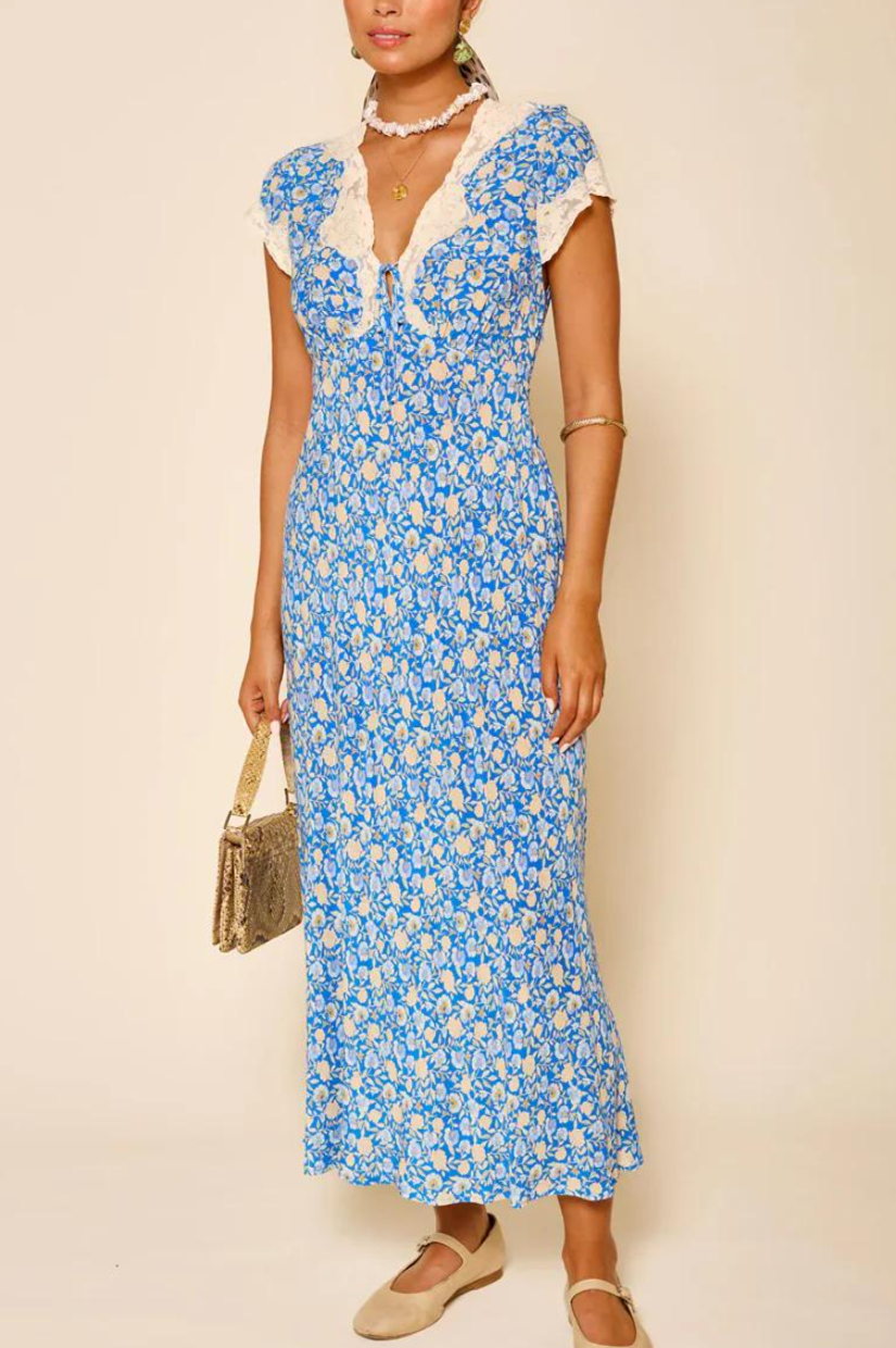 Blue Floral Print Lace Trim Smocked Maxi Dress
