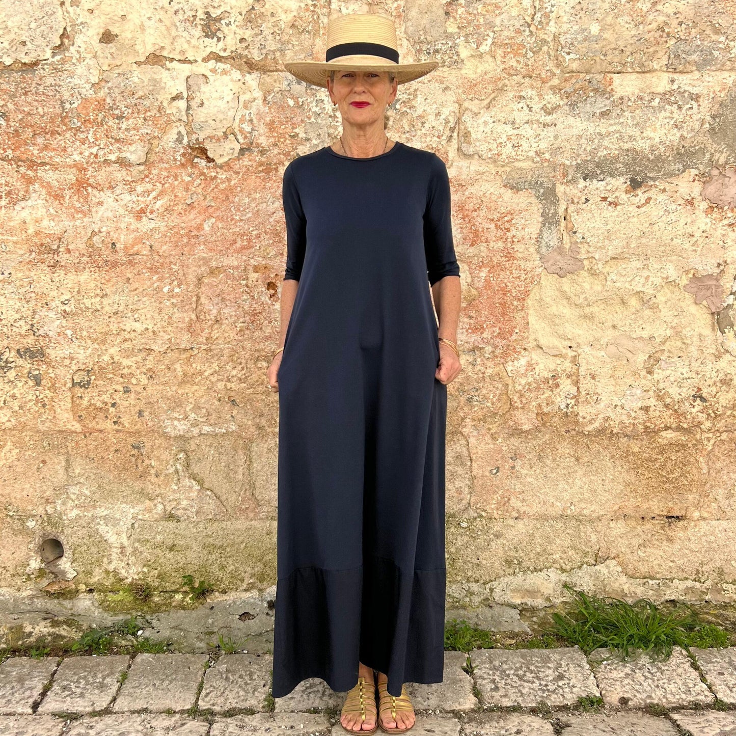 Navy Blue Minimalist A-Line Maxi Dress