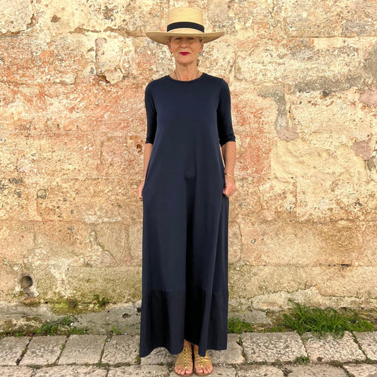 Navy Blue Minimalist A-Line Maxi Dress