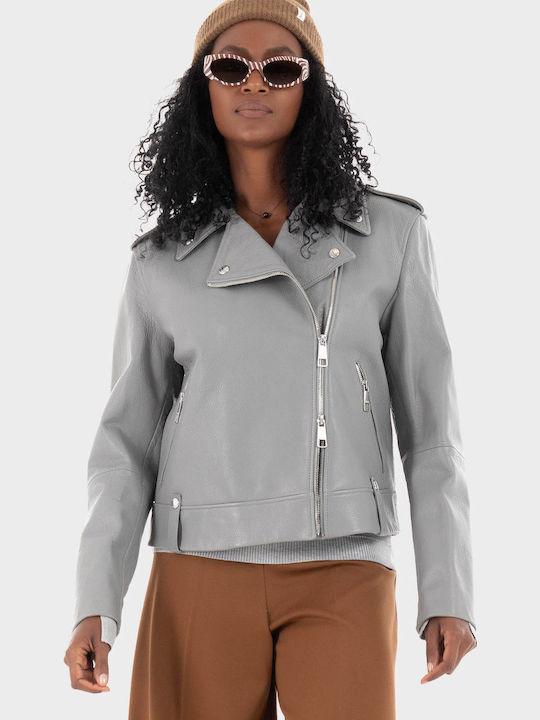 Premium Light Gray Leather Biker Jacket