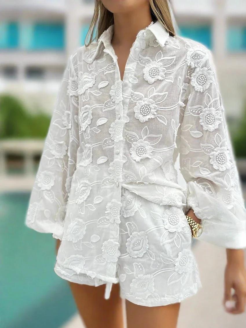 White 3D Floral Embroidered Oversized Button-Down Shirt