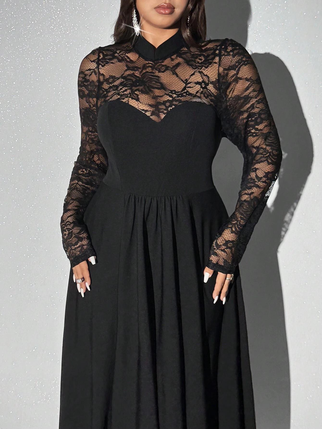 Black Lace Long-Sleeve Maxi Dress