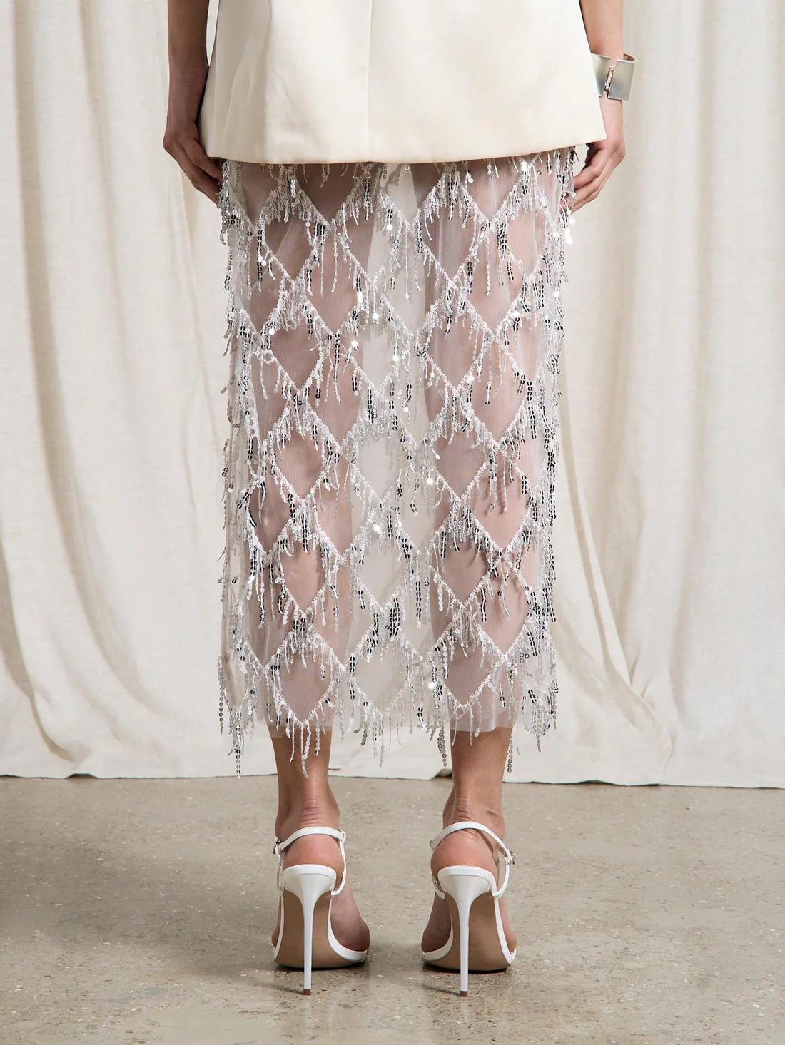 Sheer Mesh Diamond Sequin Fringe Midi Skirt