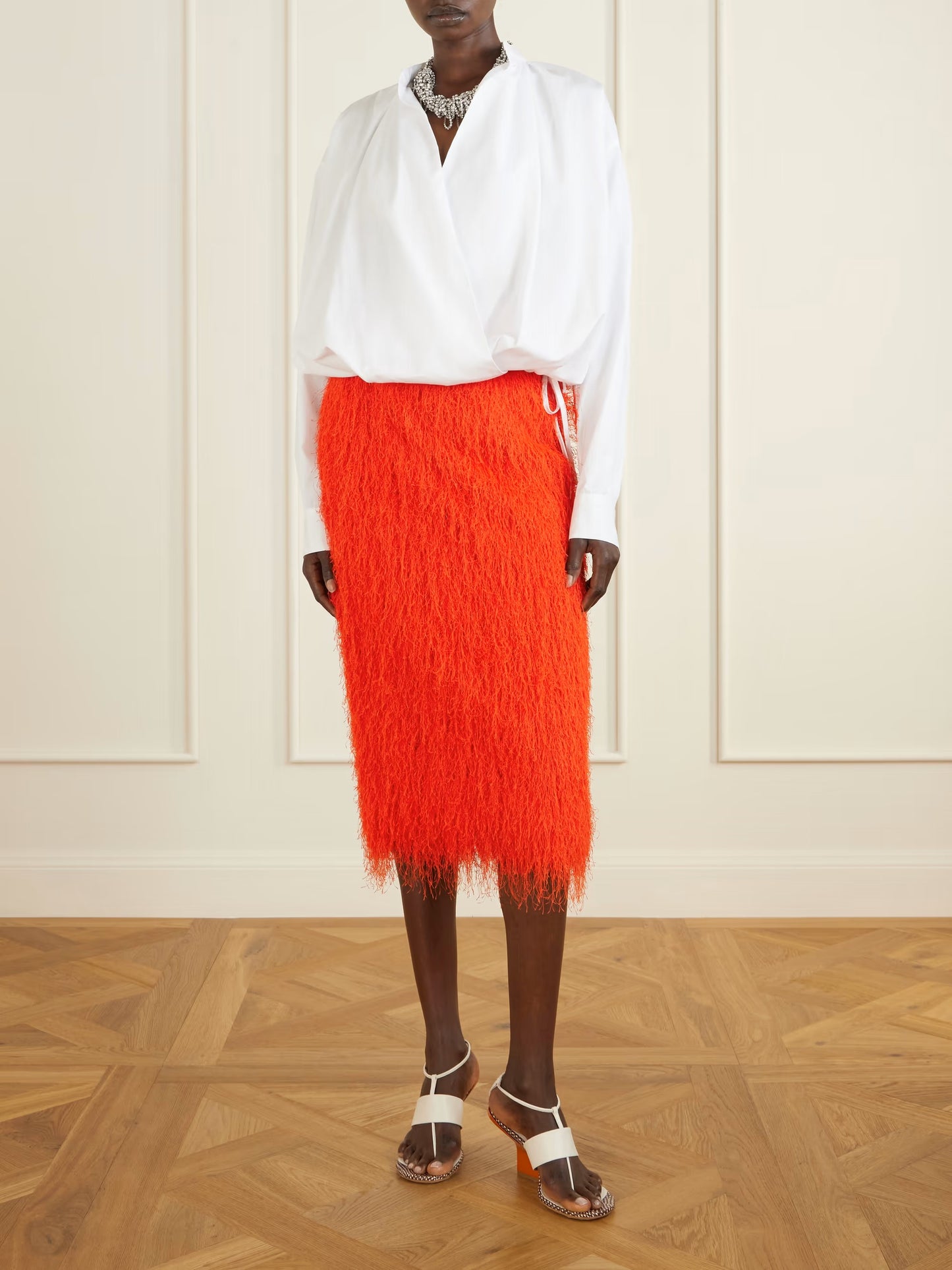 Orange Fringed High-Waisted Midi Skirt