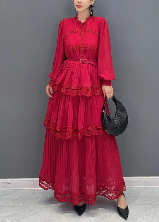 Red Lace-Trimmed Tiered Pleated Maxi Dress