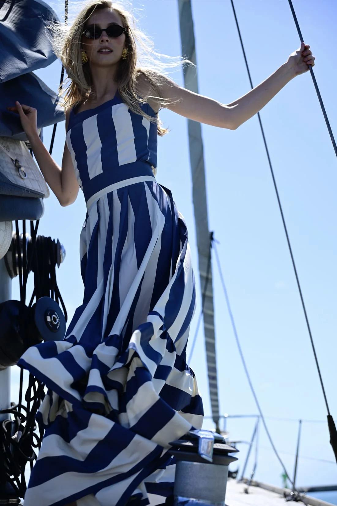 Navy & White Striped One-Shoulder Maxi Dress