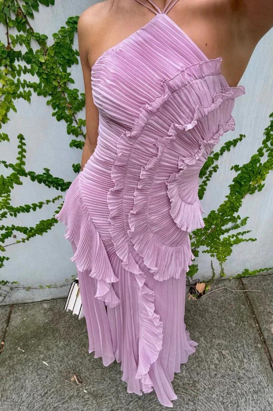 Lilac Pleated Ruffle Halter Maxi Dress