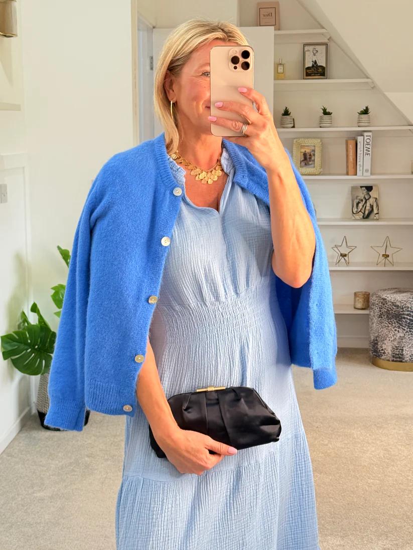 Vibrant Blue Fuzzy Knit Button-Down Cardigan