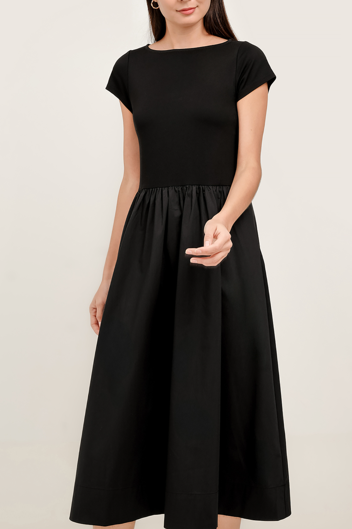 Black Mixed-Media Boat Neck Midi Dress