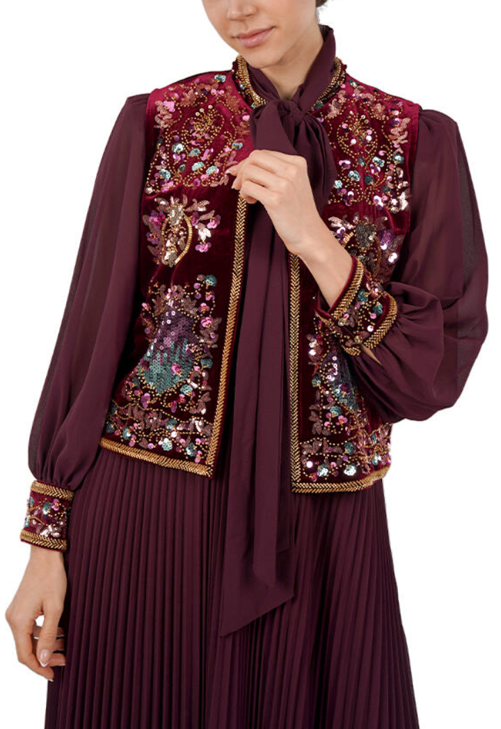 Burgundy Embellished Pleated Set