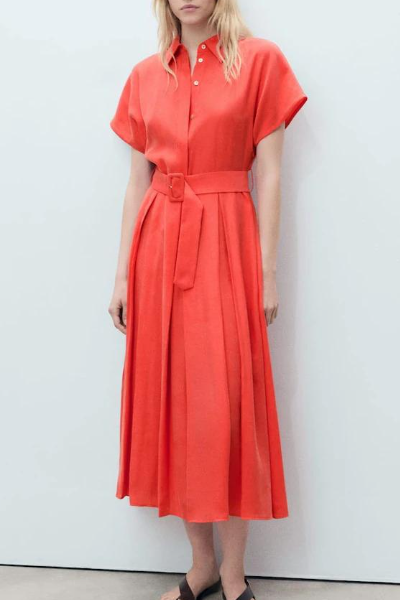 Vibrant Orange Belted Linen-Blend Midi Shirt Dress