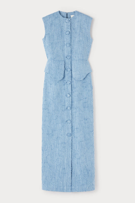 Light Blue Textured Fringed Sleeveless Midi Dress