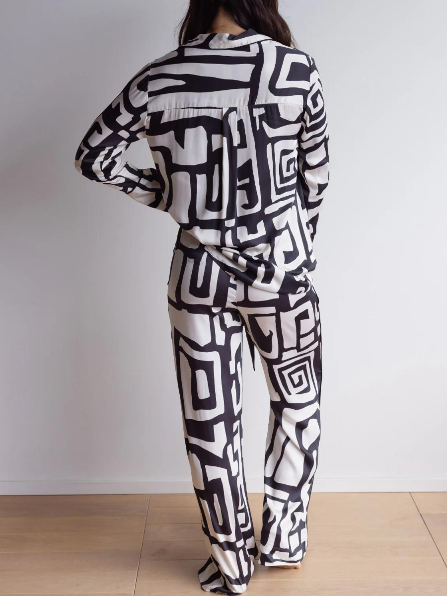 Black & Cream Abstract Print Satin Loungewear Set