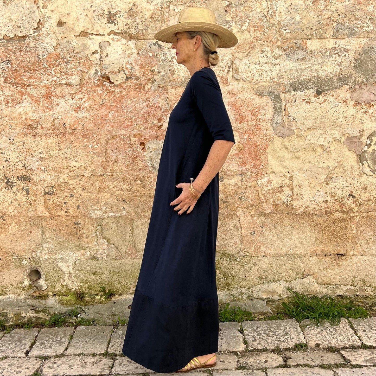 Navy Blue Minimalist A-Line Maxi Dress