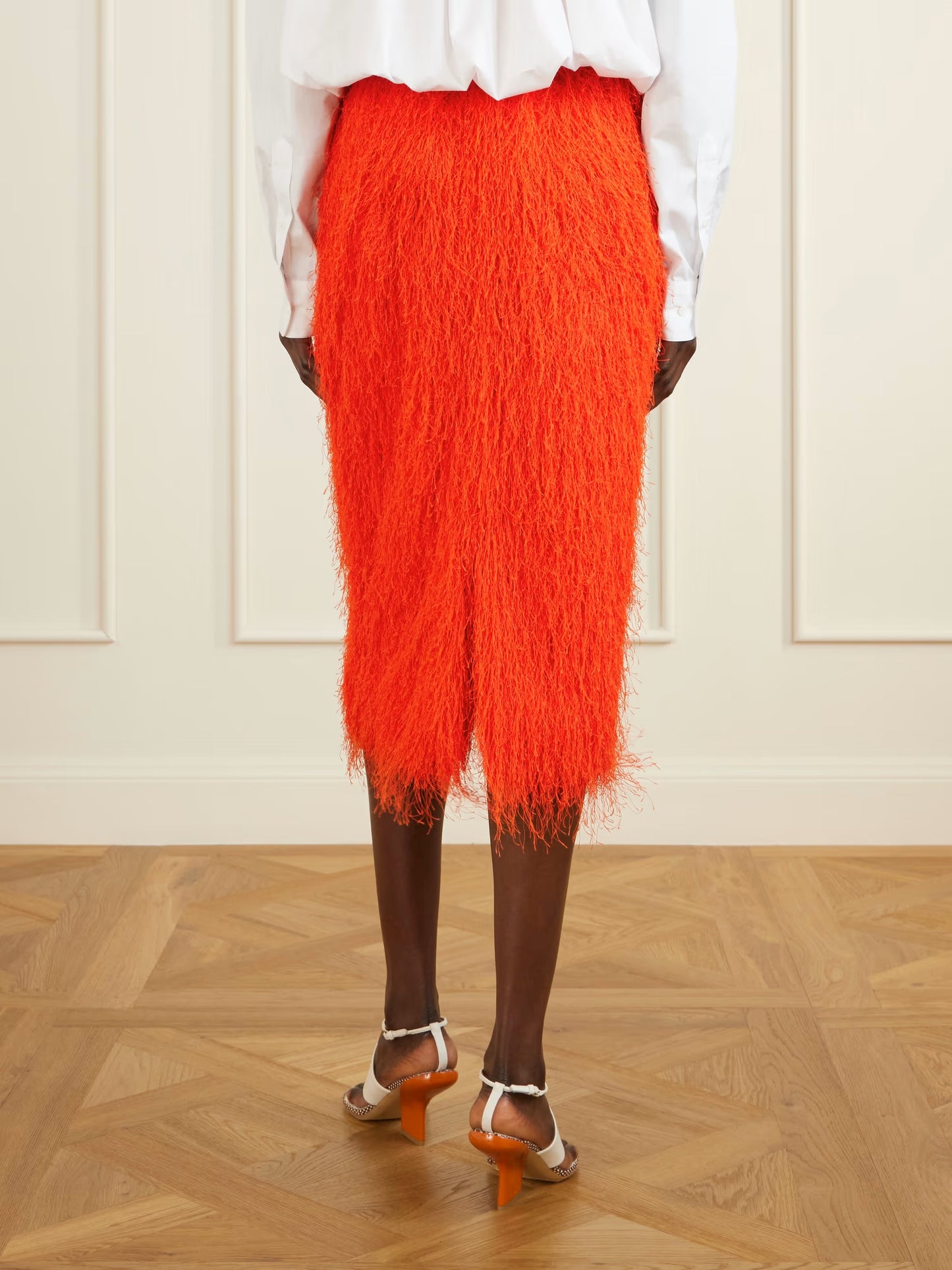 Orange Fringed High-Waisted Midi Skirt