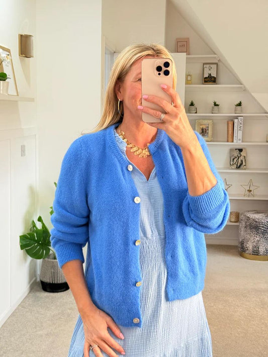 Vibrant Blue Fuzzy Knit Button-Down Cardigan