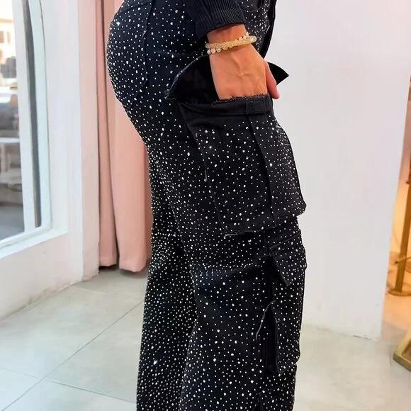 Black Sequin Ruffle Flare Pants