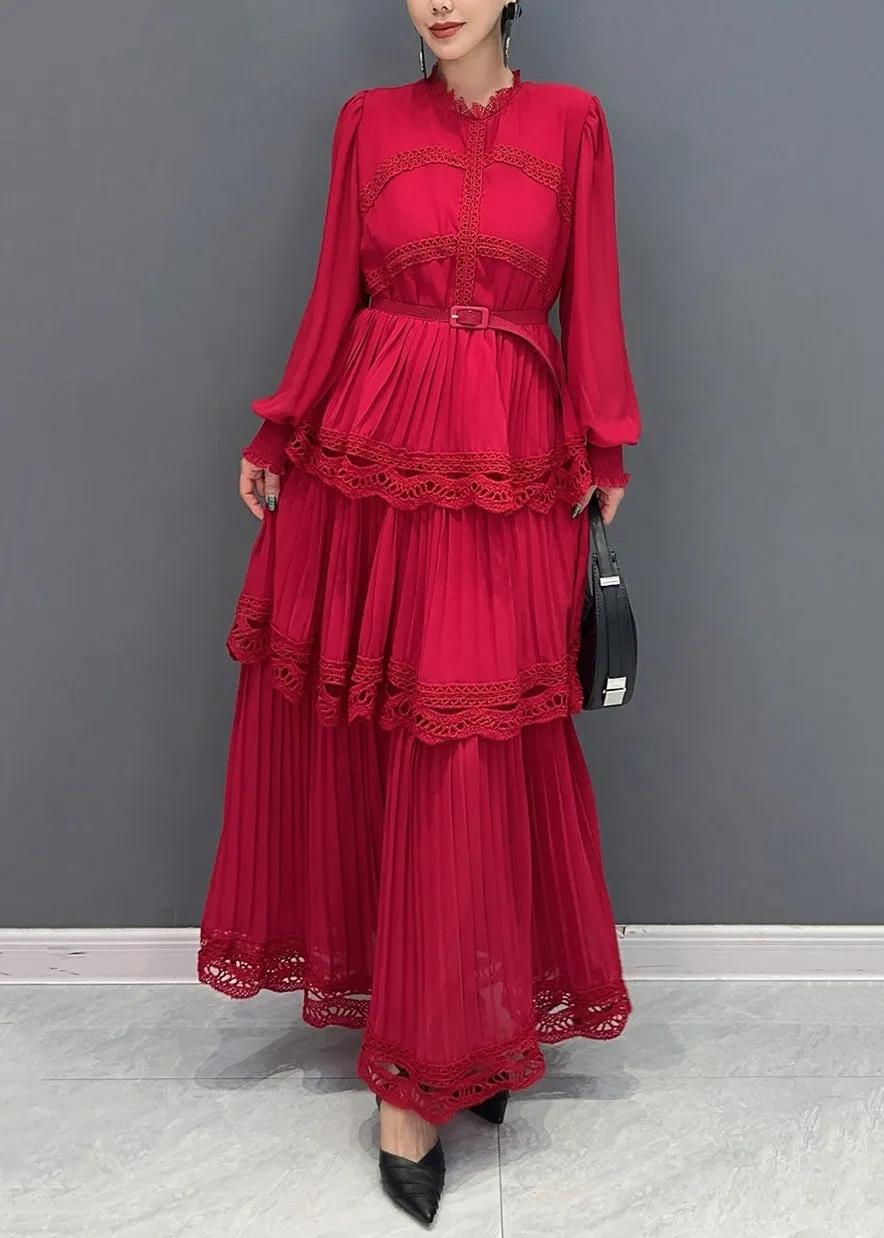Red Lace-Trimmed Tiered Pleated Maxi Dress