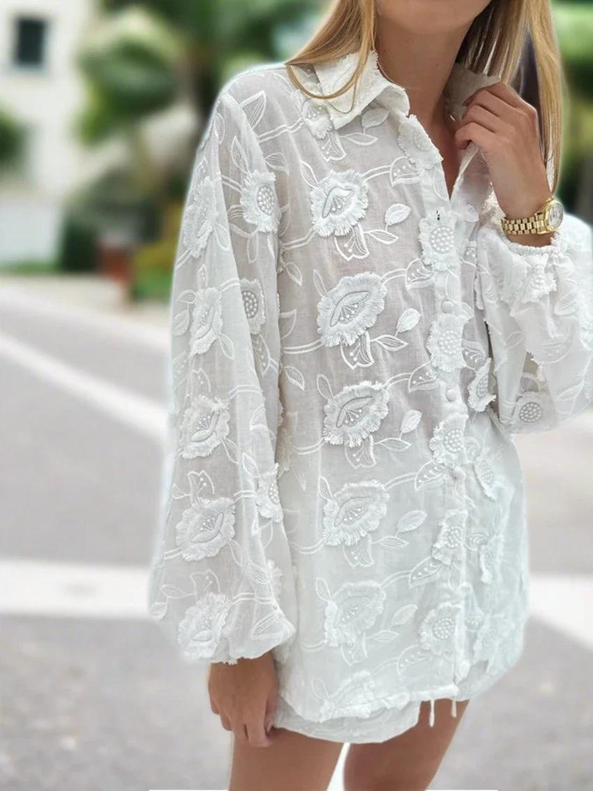 White 3D Floral Embroidered Oversized Button-Down Shirt