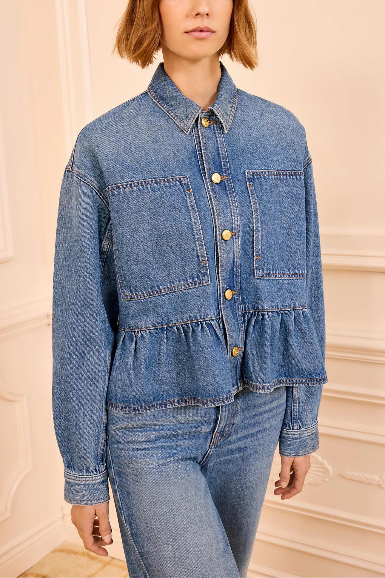 Blue Denim Peplum Button-Down Shirt