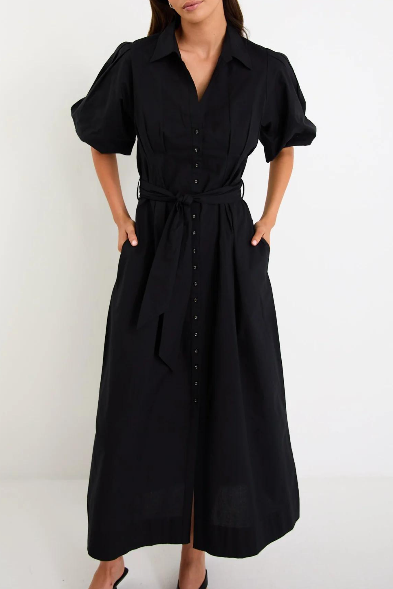 Black Belted Puff Sleeve Midi Shirt Dress
