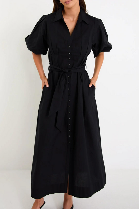 Black Belted Puff Sleeve Midi Shirt Dress