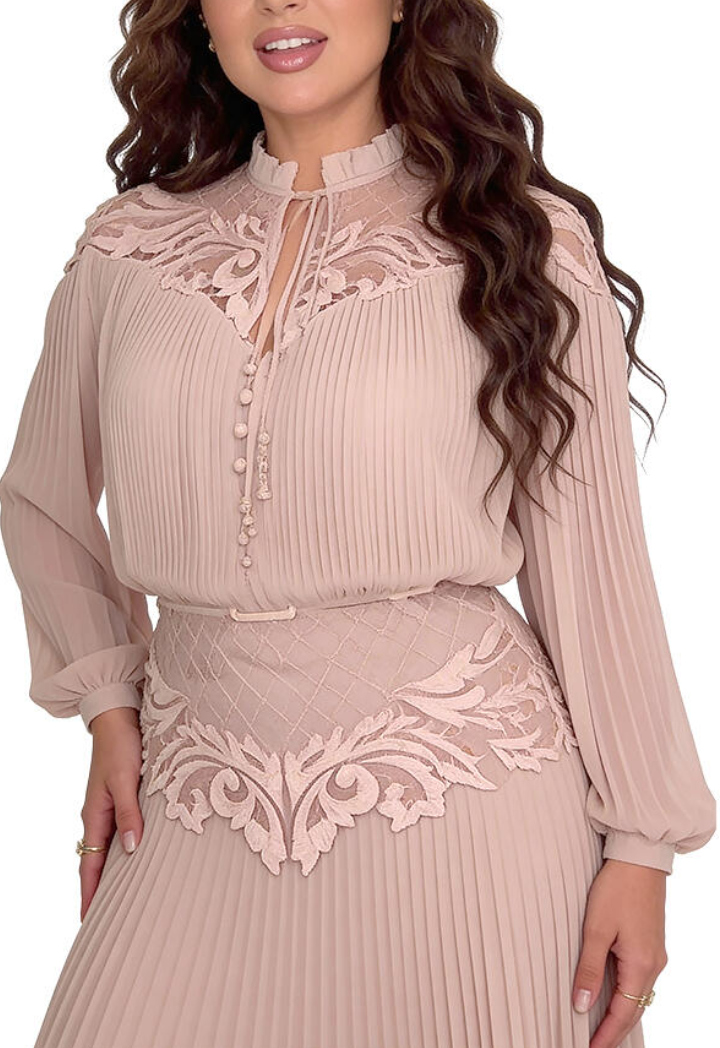 Blush Pleated Lace Maxi Dress